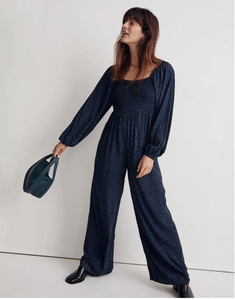 MADEWELL NWT Lucie Tie-Back Long-Sleeve Jumpsuit in Navy Carmine Floral // 6